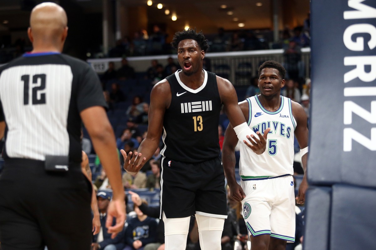Dec 8, 2023; Memphis, Tennessee, USA; Memphis Grizzlies forward-center Jaren Jackson Jr. (13) reacts during the first half against the Minnesota Timberwolves at FedExForum.